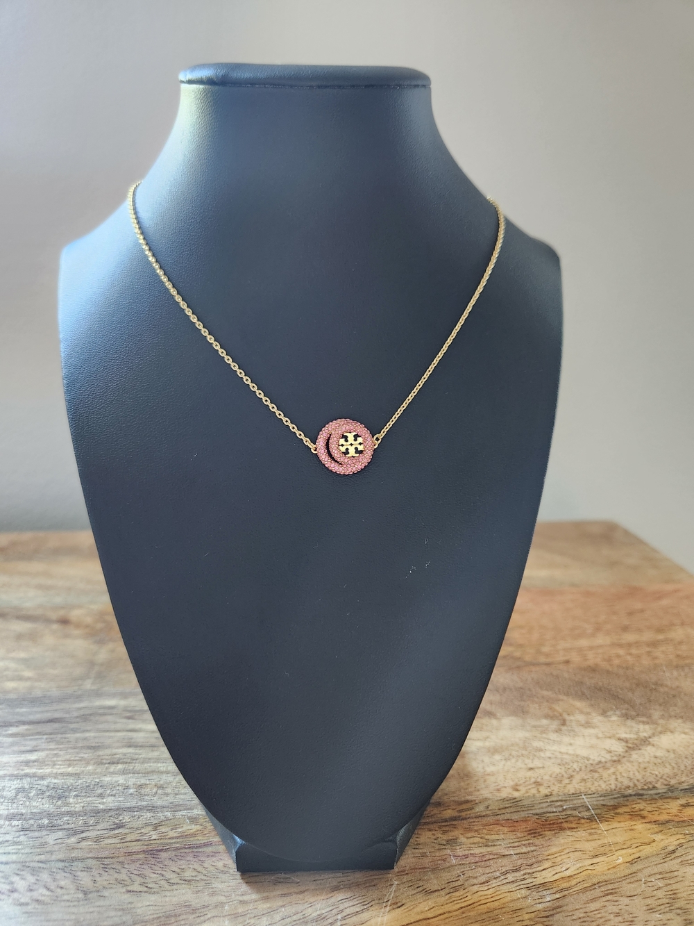 Tory Burch Gold Chain Necklace with Pink Logo Disc